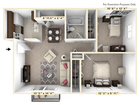 The Poplar - 2 BR 1 BA Floor Plan at Autumn Woods Apartments, Ohio